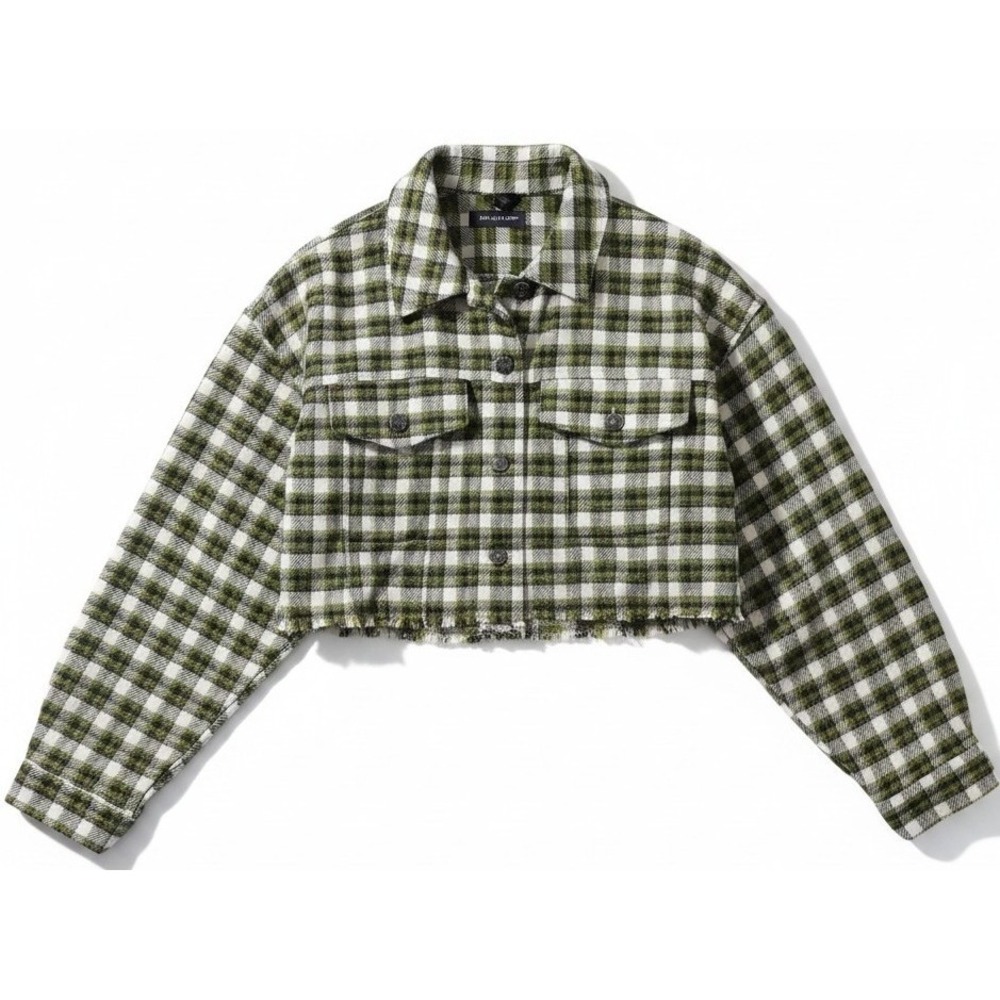 NWT BDG Womens Cropped Button Down Shirt Large Green Plaid Heavy Flannel Shacket